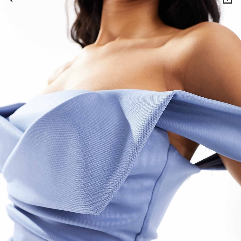 ASOS Design square neck pleat bust midi pencil dress in Blue - Picture 2 of 5
